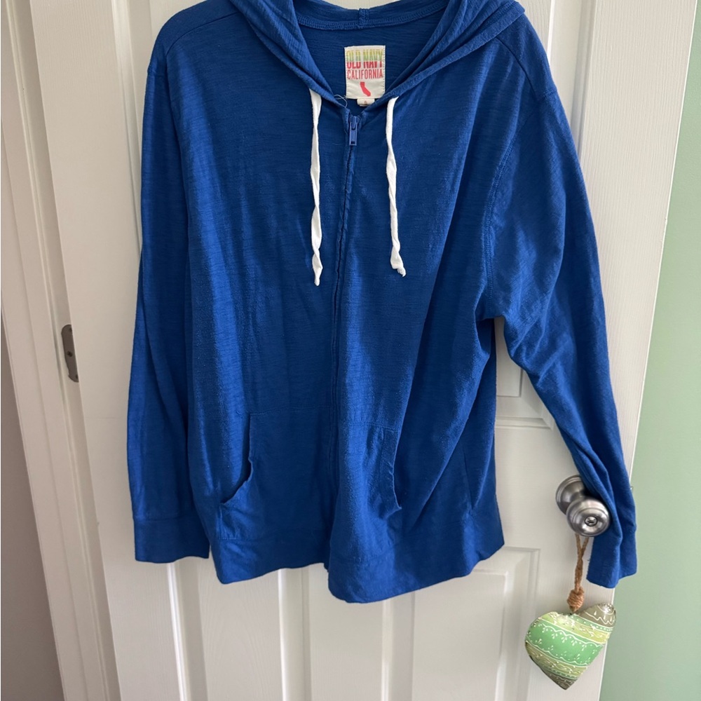 Old Navy Blue Zip-Up Hoodie with Cream Drawstrings